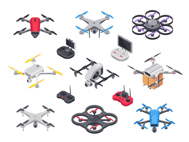 Remote control flying copter with camera. Radio controllers for Remote control flying copter with camera. Radio controllers for rotor drone. Unmanned aircraft drones isolated 3d isometric vector set drone designs stock illustrations