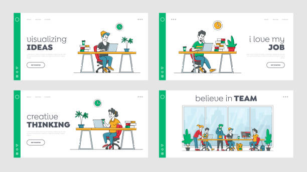 ilustrações de stock, clip art, desenhos animados e ícones de remote freelance work landing page template set. people freelancers working distant on laptop. creative employee characters work at home and teamwork in coworking area. linear vector illustration - her happy place is with her team