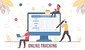 Online Tracking for Remote Staff Control Application. Man with Pen Planning, Entering and Correcting Daily Schedule on Digital Screen. Guy and Woman Using App on Laptop and Mobile. Vector Illustration