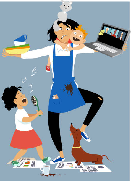 두 아이의 어머니를위한 원격 작업 - 일과 삶의 균형 stock illustrations