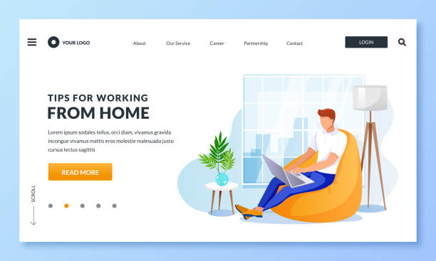 Remote work, freelance job, work from home concept. Businessman sitting on armchair with laptop. Vector illustration Remote work, freelance online job, work from home concept. Businessman or freelancer entrepreneur sitting on puff armchair with laptop. Vector illustration for web landing page, banner, poster design landing page stock illustrations