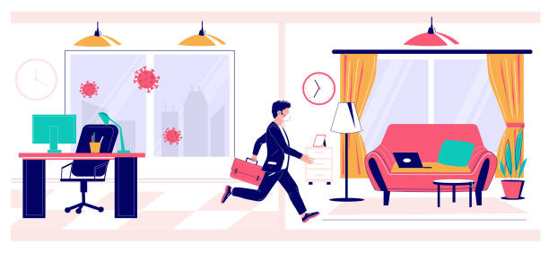 Remote work policy concept vector flat illustration Businessman in face mask running away from office to home workplace to reduce the risk of becoming ill with corona virus, vector flat illustration. Remote work, self isolation, virus spread prevention at home covid test stock illustrations