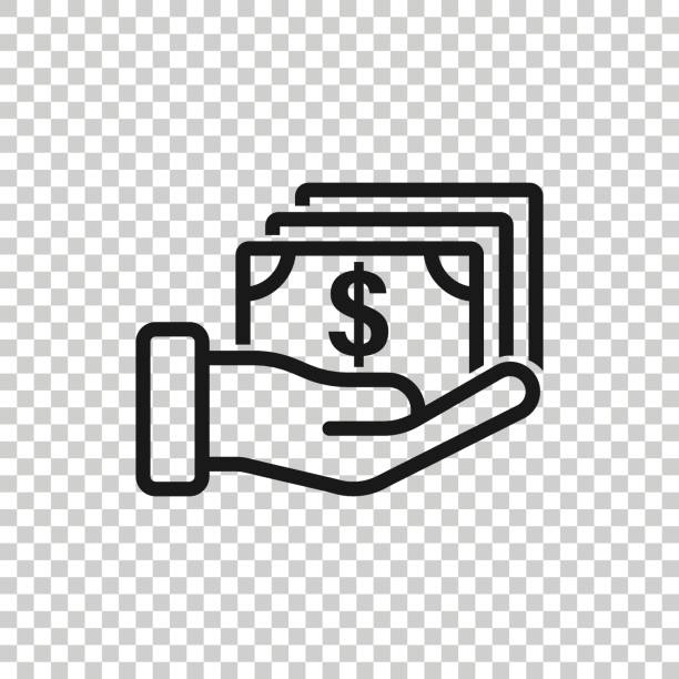ilustrações, clipart, desenhos animados e ícones de ícone de remuneração em estilo plano. dinheiro na mão ilustração vetorial em fundo isolado branco. conceito de negócio de folha de pagamento. - dinheiro
