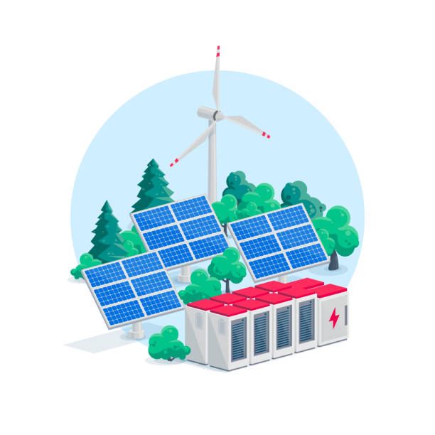 Renewable Energy Power Station with Solar Wind and Battery Storage in Smart Grid vector art illustration