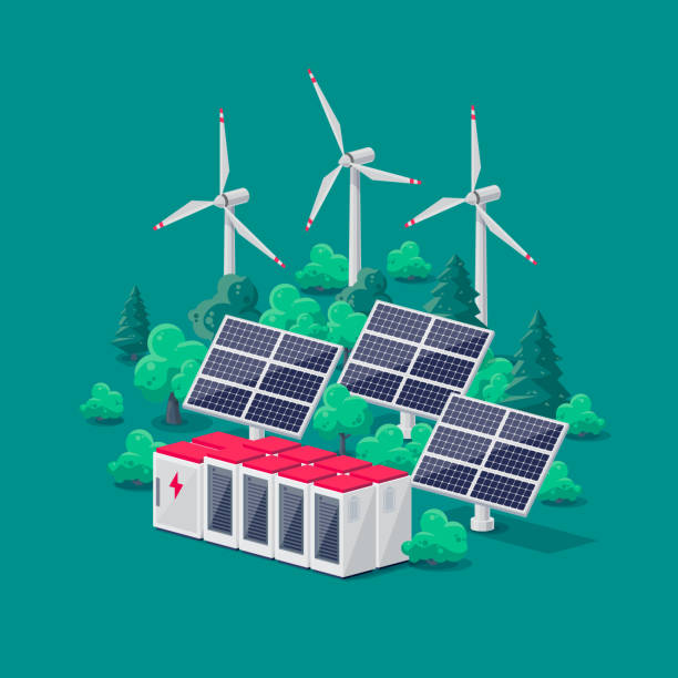 Renewable Energy Smart Grid Power Station with Solar Wind and Battery Storage vector art illustration