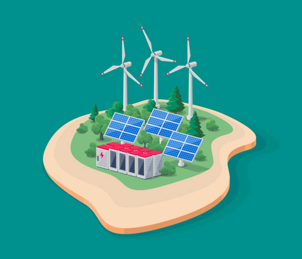 Renewable Energy Smart Off-grid Power Station with Solar Wind and Battery Storage on Island vector art illustration