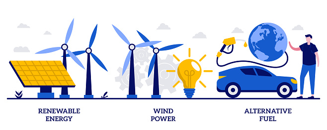 Renewable energy, wind power, alternative fuel concept with tiny people. Clean energy vector illustration set. Solar panels, green electricity, charging station, light bulb, windfarm metaphor.