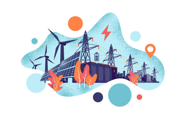 ilustrações de stock, clip art, desenhos animados e ícones de renewable solar and wind energy battery storage smart grid system with power lines - energias renováveis