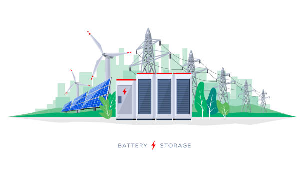 ilustrações de stock, clip art, desenhos animados e ícones de renewable solar and wind energy battery storage smart grid system with power lines - pilha fornecimento de energia
