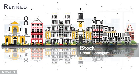 istock Rennes France City Skyline with Color Buildings and Reflections Isolated on White. 1299034781