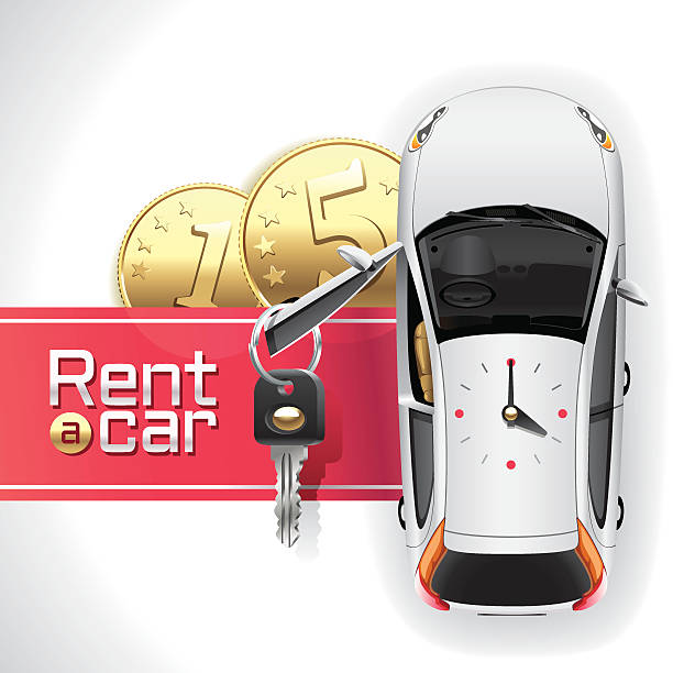 Rent a Car on the Red Carpet White car with an open driver's door, on which hangs a key, standing on the red carpet under which lie the two gold coins. On the roof of the car analog clocks show 4:00. open car door stock illustrations