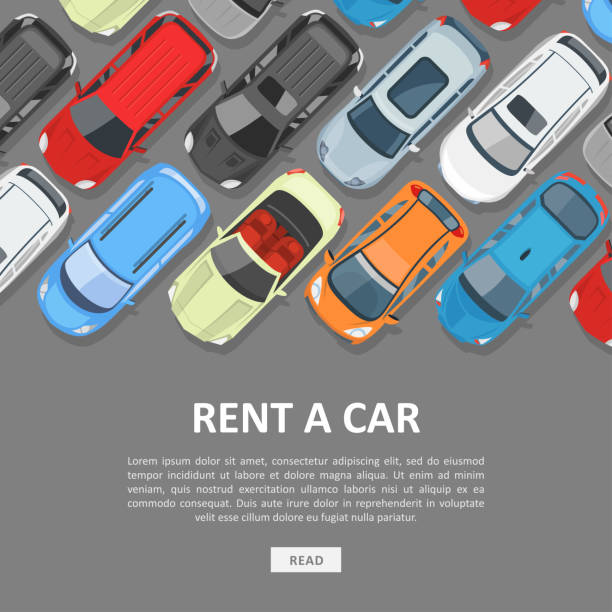 Rent a car template Rent a car template. Best selection and price on rental cars, reservation services for arriving passengers and drivers. Vector flat style cartoon illustration isolated on gray background car rental stock illustrations