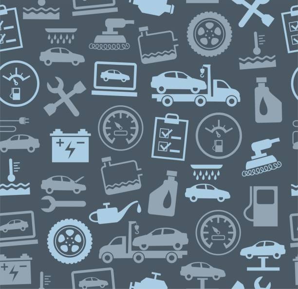 Repair and maintenance of vehicles, seamless background, grey, colour. Vector flat background with drawings of services an auto repair shop. Gray image on a dark gray background.  garage backgrounds stock illustrations