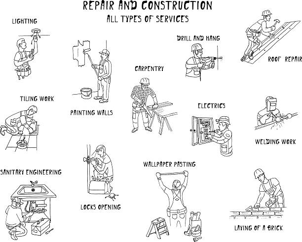 Repair & construction. All types of services. Repair & construction. All types of services. Silhouettes of men at work. Doodle set. Vector. Isolated. mechanic drawings stock illustrations
