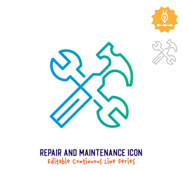 Repair & Maintenance Continuous Line Editable Icon Repair and maintenance vector icon illustration for logo, emblem or symbol use. Part of continuous one line minimalistic drawing series. Design elements with editable gradient stroke. mechanic designs stock illustrations