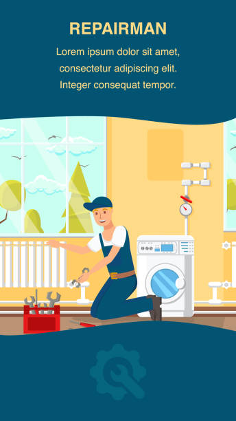 illustrations, cliparts, dessins animés et icônes de site web du service réparateur bannière vecteur modèle - programmer machine à laver
