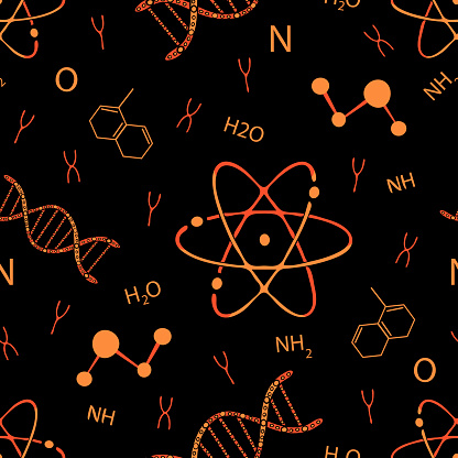 ✓ Imagen de Repita el patrón vectorial con ADN y átomos sobre fondo negro.  Diseño de fondo de pantalla de química simple. Ciencia decorativa textil de  la moda. Fotografía de Stock