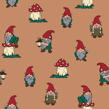 Repeat vector pattern with garden gnomes on beige background. Simple playful elf wallpaper design. Decorative lifestyle fashion textile.