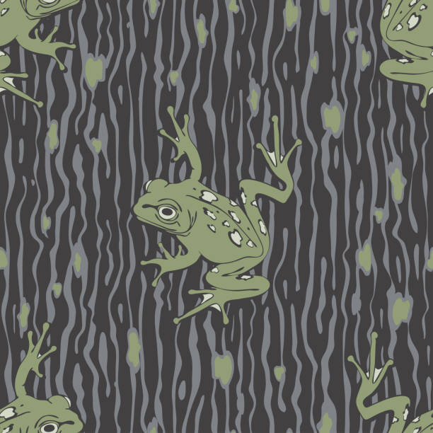 Repeat vector pattern with tree frog on textured brown background. Simple animal camouflage wallpaper design. Decorative zoo fashion textile. Seamless vector pattern with tree frog on textured brown background. Simple animal camouflage wallpaper design. Decorative zoo fashion textile. tree frog drawing stock illustrations