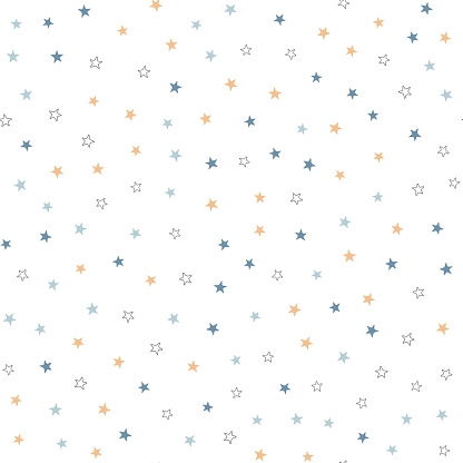 Repeated black, blue and brown stars on white background. Cute festive seamless pattern. Vector illustration.