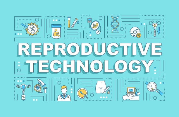Reproductive technology word concepts banner. Scientific research. Biochemistry. Infographics with linear icons on blue background. Isolated typography. Vector outline RGB color illustration Reproductive technology word concepts banner. Scientific research. Biochemistry. Infographics with linear icons on blue background. Isolated typography. Vector outline RGB color illustration pregnant borders stock illustrations