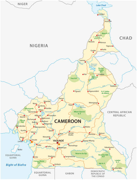 illustrazioni stock, clip art, cartoni animati e icone di tendenza di mappa della strada e del parco nazionale della repubblica del camerun - camerun