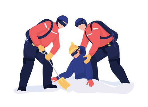 Rescuers digging for buried victim semi flat color vector characters