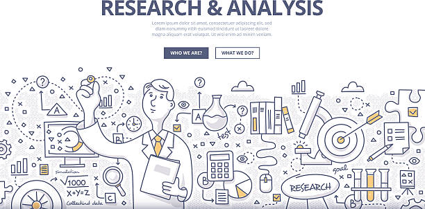 Research & Analysis Doodle Concept Doodle design style concept of general research & analysis, problem solving, collecting data, scientific technologies approach.  Modern line style illustration for web banners, hero images, printed materials laboratory backgrounds stock illustrations