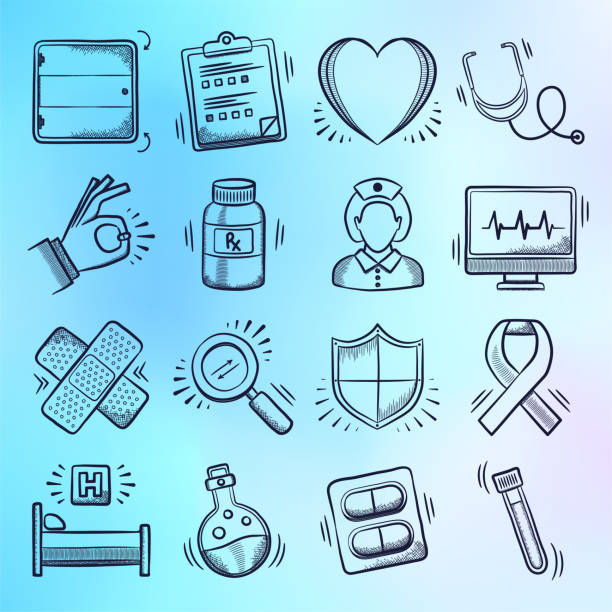 Research, Education & Care Doodle Style Vector Icon Set Research, education and care doodle style outline symbols on holographic gradient background. Vector icons set for infographics, mobile or web page designs. safety illustrations stock illustrations