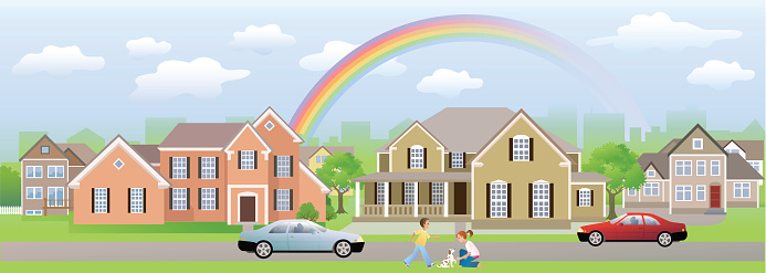 Residential Area Neighbour with Children Playing, Cars and Rainbow
