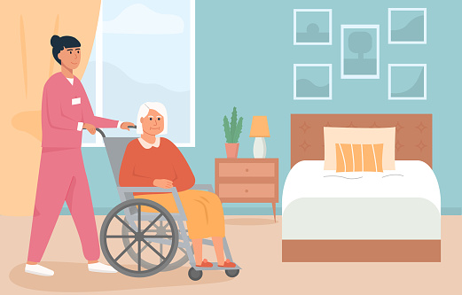 Residential care facility. A nurse with old woman on wheelchair. A bedroom in nursing home or retirement home. Scene of disabled elderly person with social worker at home. Concept of assisted living.