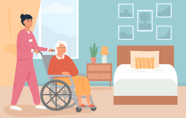 residential care facility. a nurse with old woman on wheelchair. a bedroom in nursing home or retirement home. scene of disabled elderly person with social worker at home. concept of assisted living. - 輪椅 插圖 幅插畫檔、美工圖案、卡通及圖標