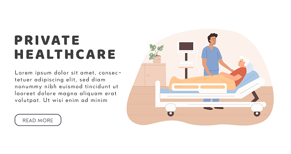 Residential care or private healthcare facility vector web banner template in flat style. Doctor visit patient at hospital. Home care services for elderly people. Sick old man lying on bed.