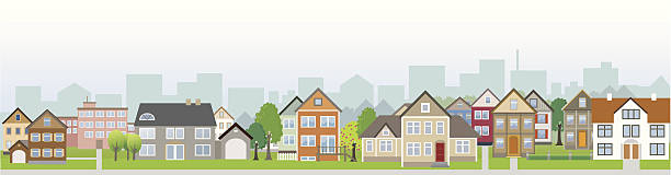 residential district neighbour with houses on street - 全景 插圖 幅插畫檔、美工圖案、卡通及圖標