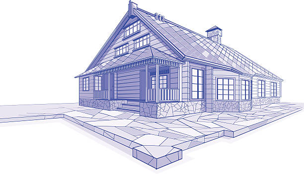 Residential House sketch Chalet Residential House sketch in blue colors. Chalet. window drawings stock illustrations