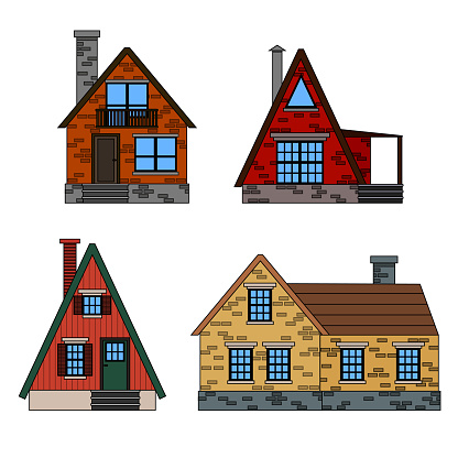 Residential houses icons in trending minimal flat style with lines. A line icon set of colorful houses, cartoon isolated icons