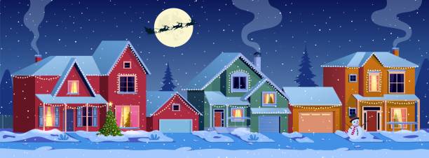Residential houses with christmas decoration Residential houses with christmas decoration at night. cartoon winter landscape street with snow on roofs and garlands, christmas tree, snowman. Santa Claus with deers in sky. Vector illustration christmas lights house stock illustrations