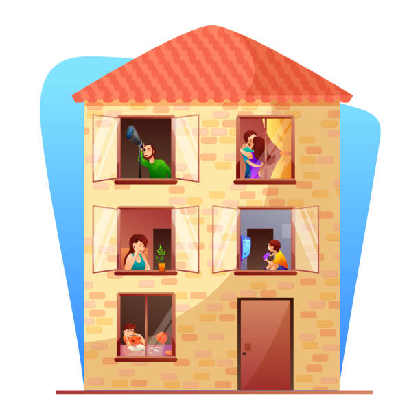 ilustrações de stock, clip art, desenhos animados e ícones de residential multi storey building illustration - family modern house window