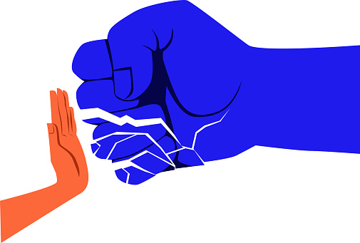 Abuser's fist shatters into fragments on the resisting palm, EPS 8 vector illustration