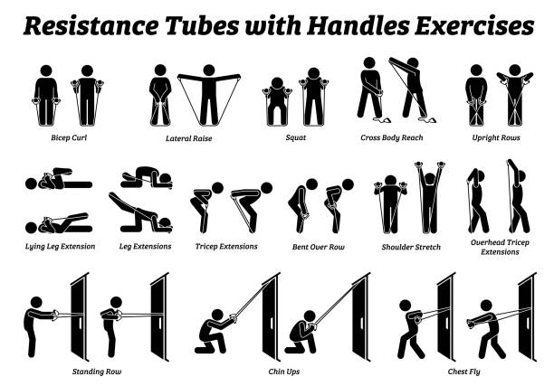Resistance tubes band with handles exercises and stretch workout techniques in step by step. vector art illustration
