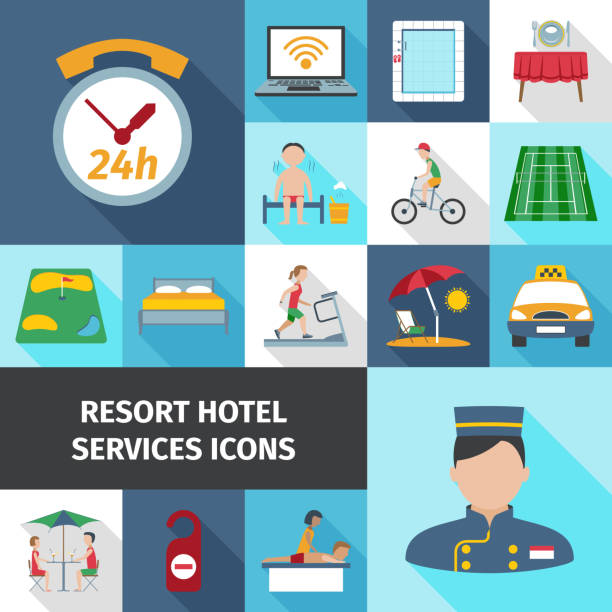 ilustrações, clipart, desenhos animados e ícones de ícones dos serviços hoteleiros resort - beach tennis