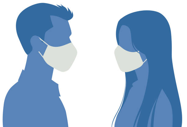Monochrome side view of male and female silhouette wearing mask