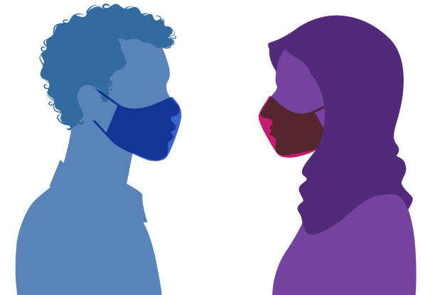 Colorful side view of male and female silhouette wearing mask