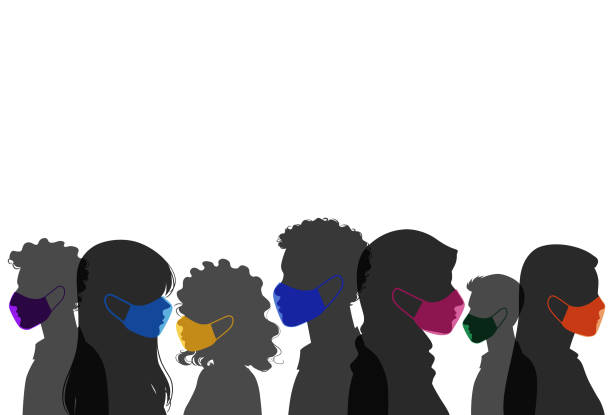 Side view of silhouettes of people wearing multicolored masks
