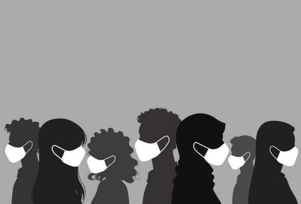 Side view of silhouettes of people wearing masks