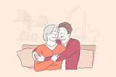 Respect for elderly people, senile persons concept. Son hugging grey haired mother, cheerful grandson embracing happy old grandmother, family relations, love, care. Simple flat vector