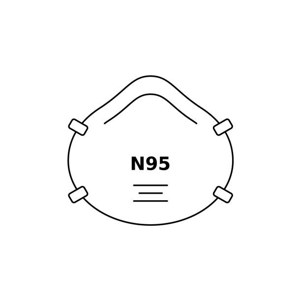 N 95 respirator face mask line icon. Corona virus or dust protection. Black outline on white background. Respiratory protective device, filtration of airborne particles. Vector illustration, clip art n95 mask stock illustrations
