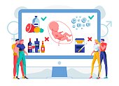 Responsible Childbirth Planning Flat Illustration. Couples Studying Pregnancy Healthy Nutrition Principles. Future Parents Refusing from Smoking and Drinking Alcohol Cartoon Characters