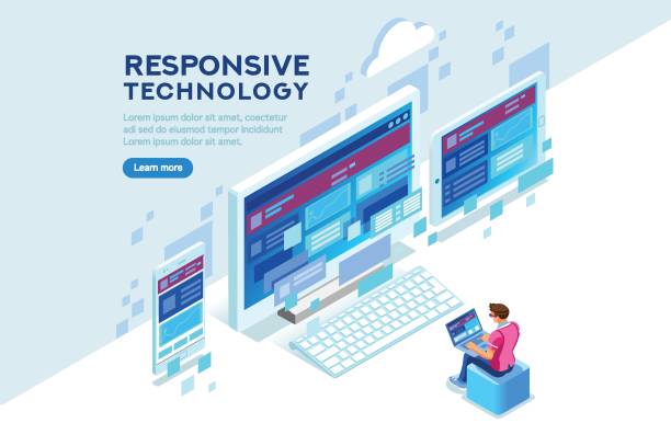 Responsive Technology Illustration Responsive internet creation, conceptual screen interface for mobile. Building a device display content. Layout for smartphone. Concept with characters and text flat isometric vector illustration. construction platform stock illustrations