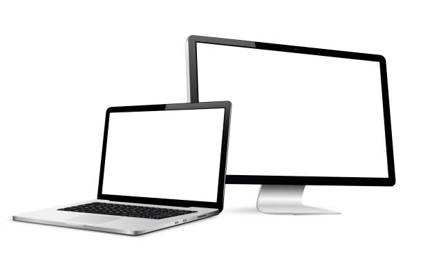 stockillustraties, clipart, cartoons en iconen met responsief webontwerpcomputerscherm met laptop geïsoleerd - desktop pc